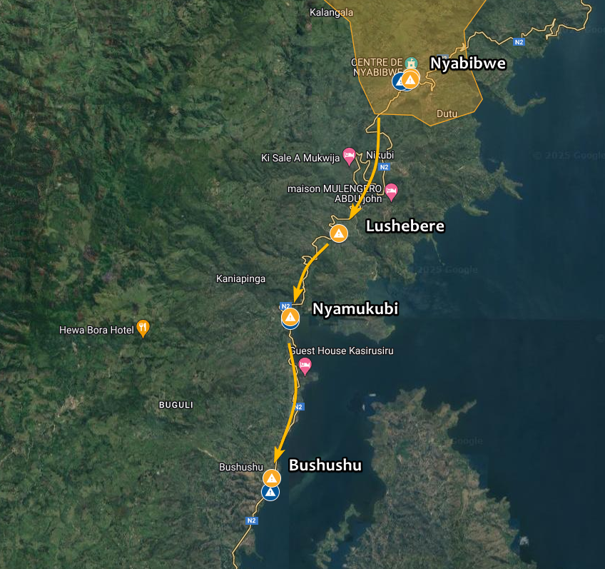 Intelynx's tweet photo. 🇨🇩 #DRC | The #M23 rebels have continued their advance in the #Kalehe territory of #South_Kivu following the capture of #Nyabibwe. The villages of #Lushebere and #Nyamukubi were captured yesterday, and fighting has been ongoing around #Bushushu throughout today. https://t.co/IorXy4W1Md