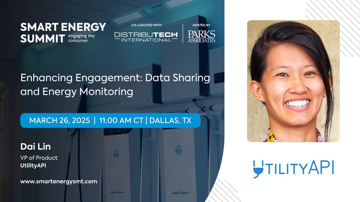 🎤 Join us in welcoming Dai Lin, VP of Product, UtilityAPI as a #SmartEnergy25 at #DISTRIBUTECH25 speaker during, “Enhancing Engagement: Data Sharing and Energy Monitoring,” on March 26, at 11:00 AM, CT!

⚡ Register for Smart Energy Summit: xpressreg.net/register/DIST0…