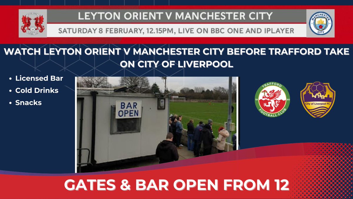 FCTrafford's tweet photo. It's a BIG DAY this Saturday @awaydaycaremcr Shawe View. @CityofLpoolFC are the visitors in @NorthernPremLge action, it's FREE for U14's accompanied by an adult, and we open the gates at 12 noon to show @leytonorientfc v @ManCity on @BBCSport before our kick off! #BeThere https://t.co/1CvwpPX7fB