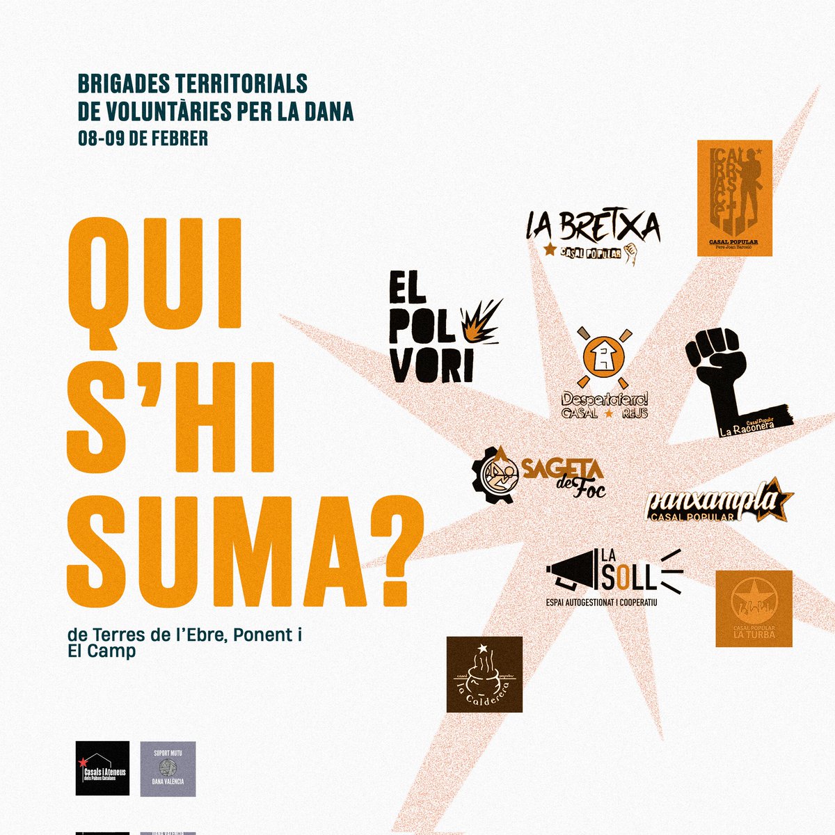El suport mutu prossegueix! Nou cap de setmana de brigades territorials! 🧑‍🤝‍🧑👭👬

Ara, són casals i ateneus de Terres de l'Ebre, Ponent i El Camp els que participaran de la brigada.✊🏽

Apunteu-vos a  la reconstrucció comunitària 👉🏼 organitzemlaresposta.cat