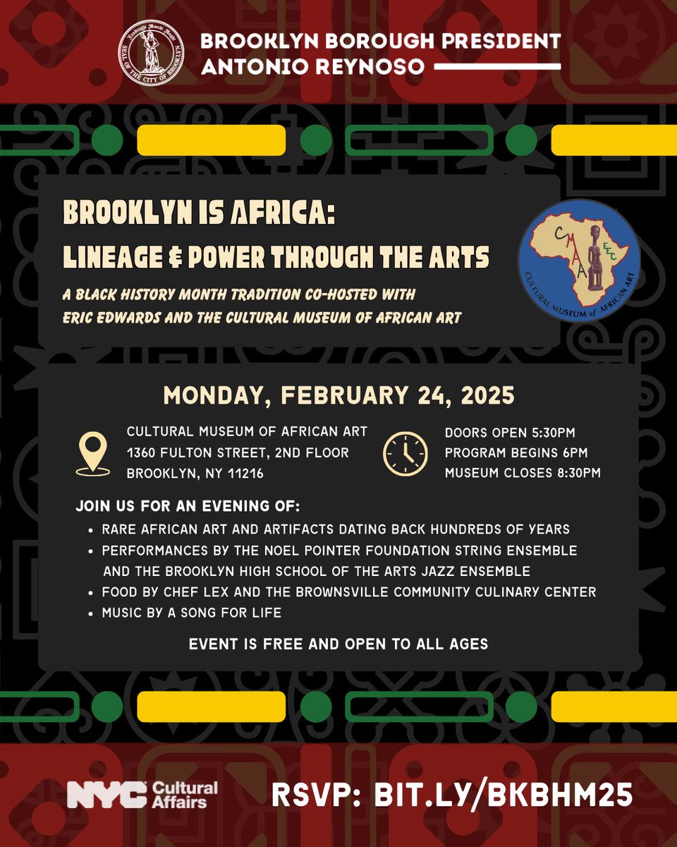 Our Brooklyn Black History Month tradition is back! 

Celebrate Black lineage &amp; power through the arts with us at the Cultural Museum of African Art. 

📅 Monday, February 24
⏰ Doors Open 5:30pm, Program Begins 6pm
📍1360 Fulton Street, 2nd Floor, Brooklyn, NY 11216