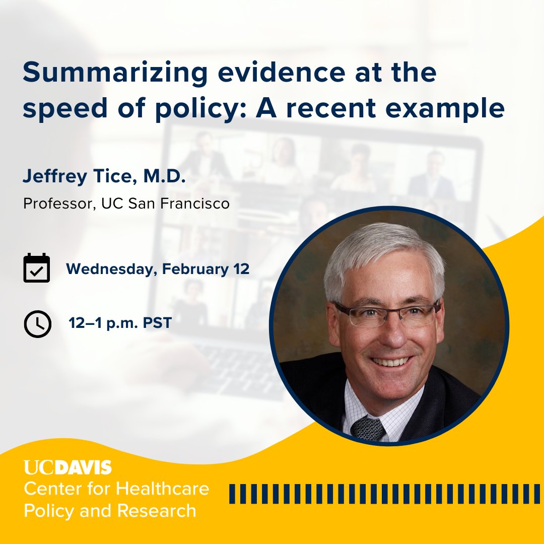 UC Davis Center for Healthcare Policy and Research (@ucd_chpr) on Twitter photo Want to learn more about evidence reviews in healthcare? Register to attend our Feb. 12 seminar featuring <a href="/UCSFDOM/">UCSF Department of Medicine</a>'s Jeffrey Tice. We will learn about an evidence review and how its results may be viewed by policymakers.
Register to attend the webinar: ucdavishealth.zoom.us/meeting/regist… Want to learn more about evidence reviews in healthcare? Register to attend our Feb. 12 seminar featuring <a href="/UCSFDOM/">UCSF Department of Medicine</a>'s Jeffrey Tice. We will learn about an evidence review and how its results may be viewed by policymakers.
Register to attend the webinar: ucdavishealth.zoom.us/meeting/regist…