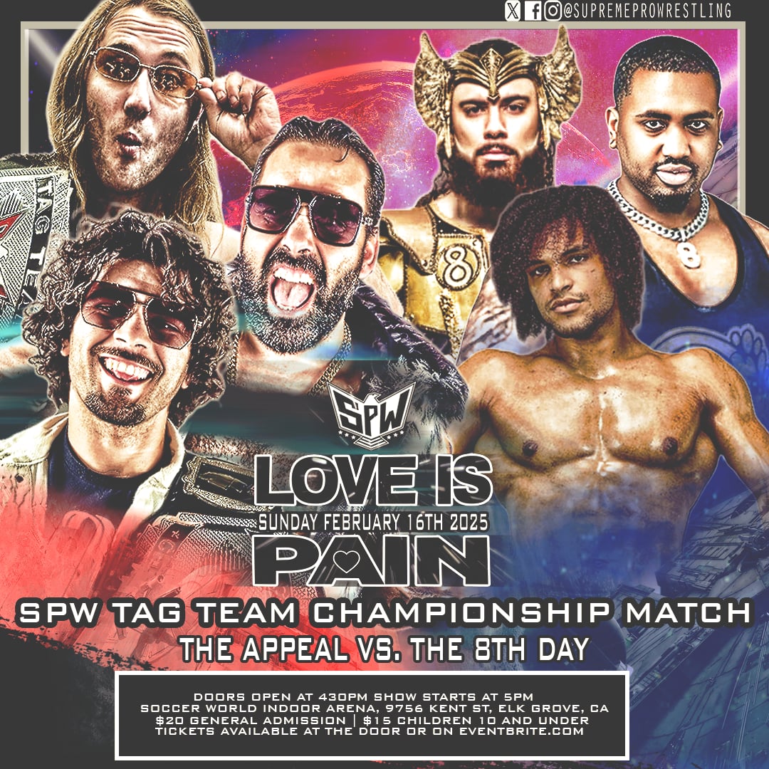🚨🚨🚨 MATCH ANNOUNCEMENT 🚨🚨🚨

All the way from Texas, The 8th Day challenge The Appeal for the SPW Tag Team Championships.