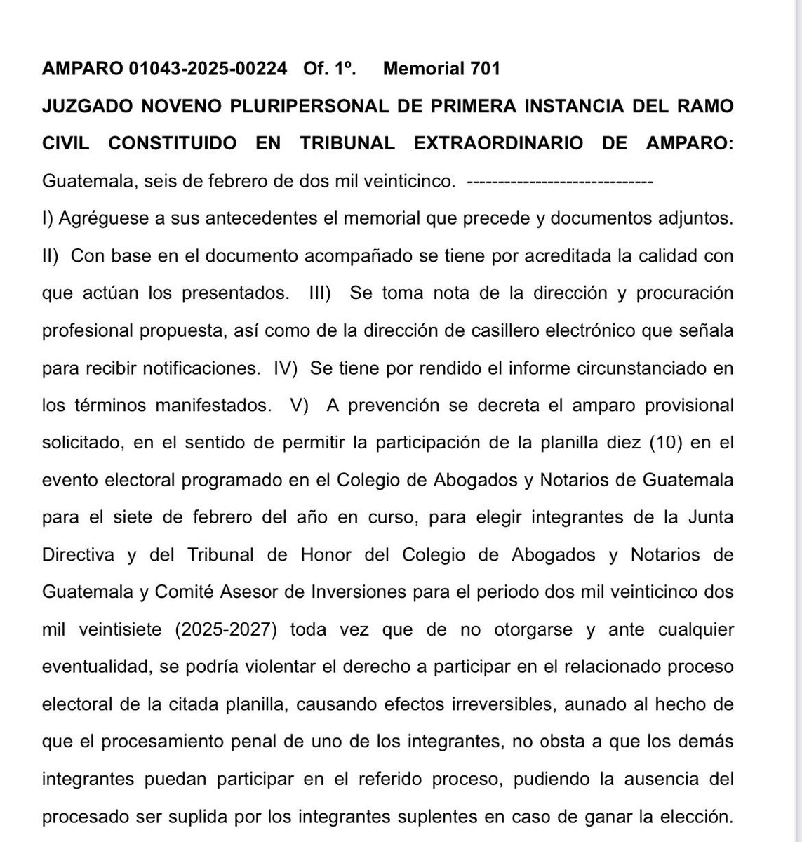 BermejoGt's tweet photo. El Juzgado 9o de 1a Instancia Civil otorga amparo prov. a la #Planilla10, #UnidadxlaJusticia.

La resolución garantiza su participación en las elecciones de mañana del @CangGuatemala.

Se sigue en pie a pesar de las argucias legales de los que no quieren cambie el colegio.
#UXJ https://t.co/P9sZuIRmcH