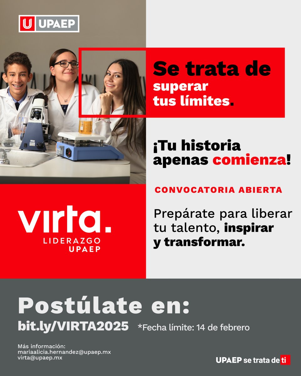 UPAEP's tweet image. Lleva tu liderazgo al siguiente nivel en un programa que hará superar tus límites y transformar al mundo. Postúlate al programa VIRTA, ¡tienes hasta el 14 de febrero! 
Revisa la convocatoria en: bit.ly/VIRTA2025

#Virta #UPAEP #SeTrataDeTi