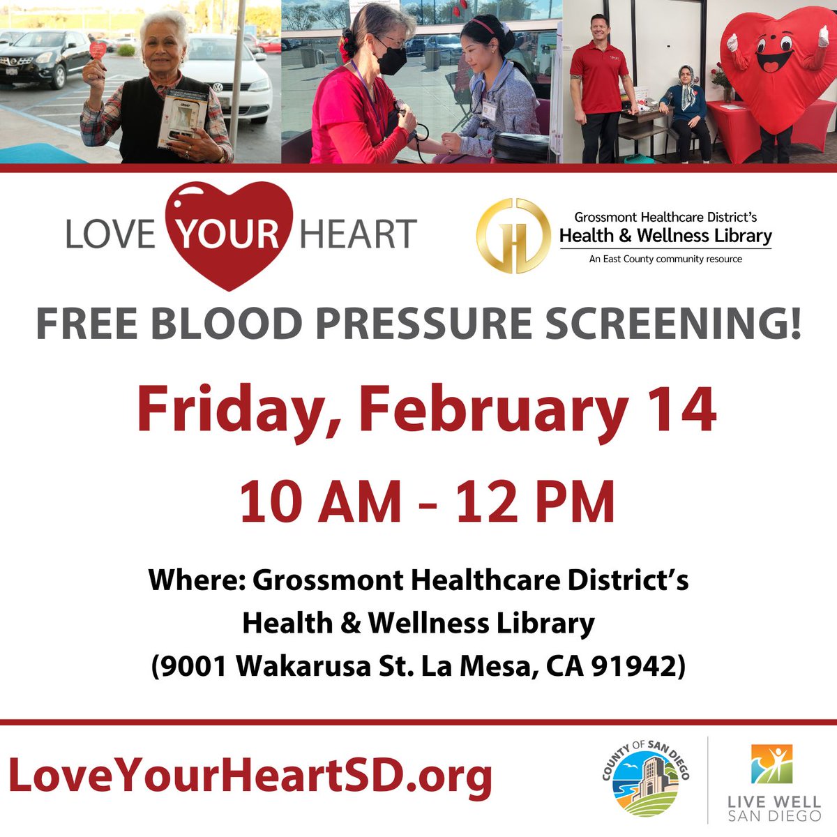 GHD's Health &amp; Wellness Library is hosting a blood pressure screening opportunity on Valentine's Day from 10 AM - 12 PM. It's important to maintain good heart health by knowing your numbers! bit.ly/4hnSMBf #LoveYourHeartWeek #EastCountyHealth #EastCountySD