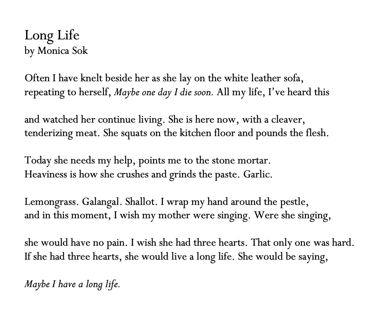 chenchenwrites's tweet image. thinking again of this beautiful and deeply haunting poem by Monica Sok. 

*

Were she singing, 

she would have no pain. 

—Sok