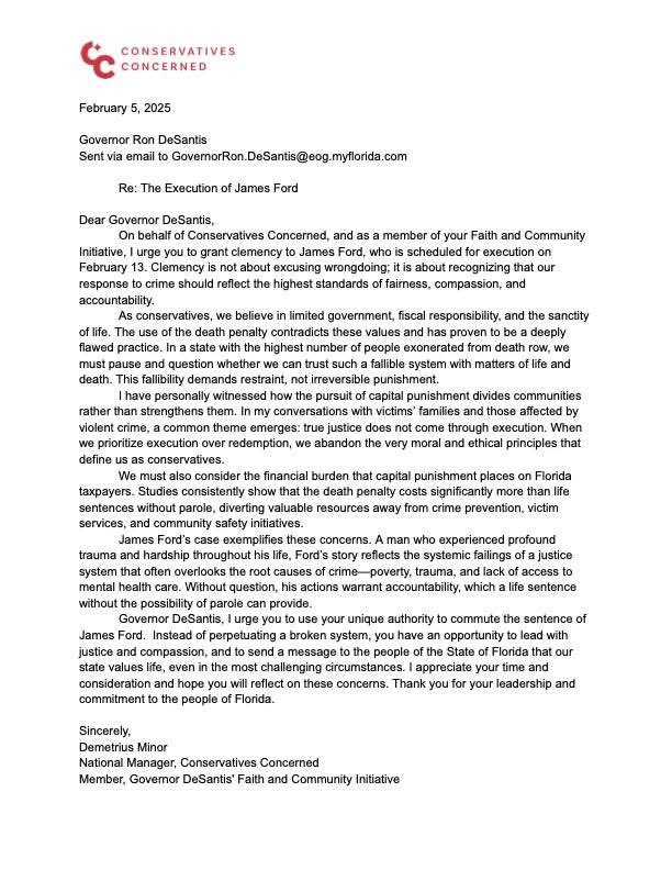 Demetrius Minor (@revdminor) on Twitter photo Dear <a href="/GovRonDeSantis/">Ron DeSantis</a>,
As a member of your Faith & Community Initiative and as National Manager of <a href="/CCATDP/">Conservatives Concerned</a>, I’m urging you to grant clemency to #JamesFord.
Please read the contents of my letter here: Dear <a href="/GovRonDeSantis/">Ron DeSantis</a>,
As a member of your Faith & Community Initiative and as National Manager of <a href="/CCATDP/">Conservatives Concerned</a>, I’m urging you to grant clemency to #JamesFord.
Please read the contents of my letter here: