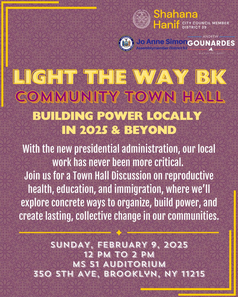 Prospect Park (@prospect_park) on Twitter photo Get involved + create change in Brooklyn! Join <a href="/CMShahanaHanif/">Council Member Shahana Hanif</a>’s office, AM <a href="/JoAnneSimonBK52/">Jo Anne Simon 文雅麗 🟧</a> + <a href="/Sen_Gounardes/">State Senator Andrew Gounardes</a> for Light the Way BK, a Community Town Hall Discussion on reproductive health, education + immigration on Sunday, February 9, 12–2 pm at MS 51: prospectpark.org/TownHall Get involved + create change in Brooklyn! Join <a href="/CMShahanaHanif/">Council Member Shahana Hanif</a>’s office, AM <a href="/JoAnneSimonBK52/">Jo Anne Simon 文雅麗 🟧</a> + <a href="/Sen_Gounardes/">State Senator Andrew Gounardes</a> for Light the Way BK, a Community Town Hall Discussion on reproductive health, education + immigration on Sunday, February 9, 12–2 pm at MS 51: prospectpark.org/TownHall