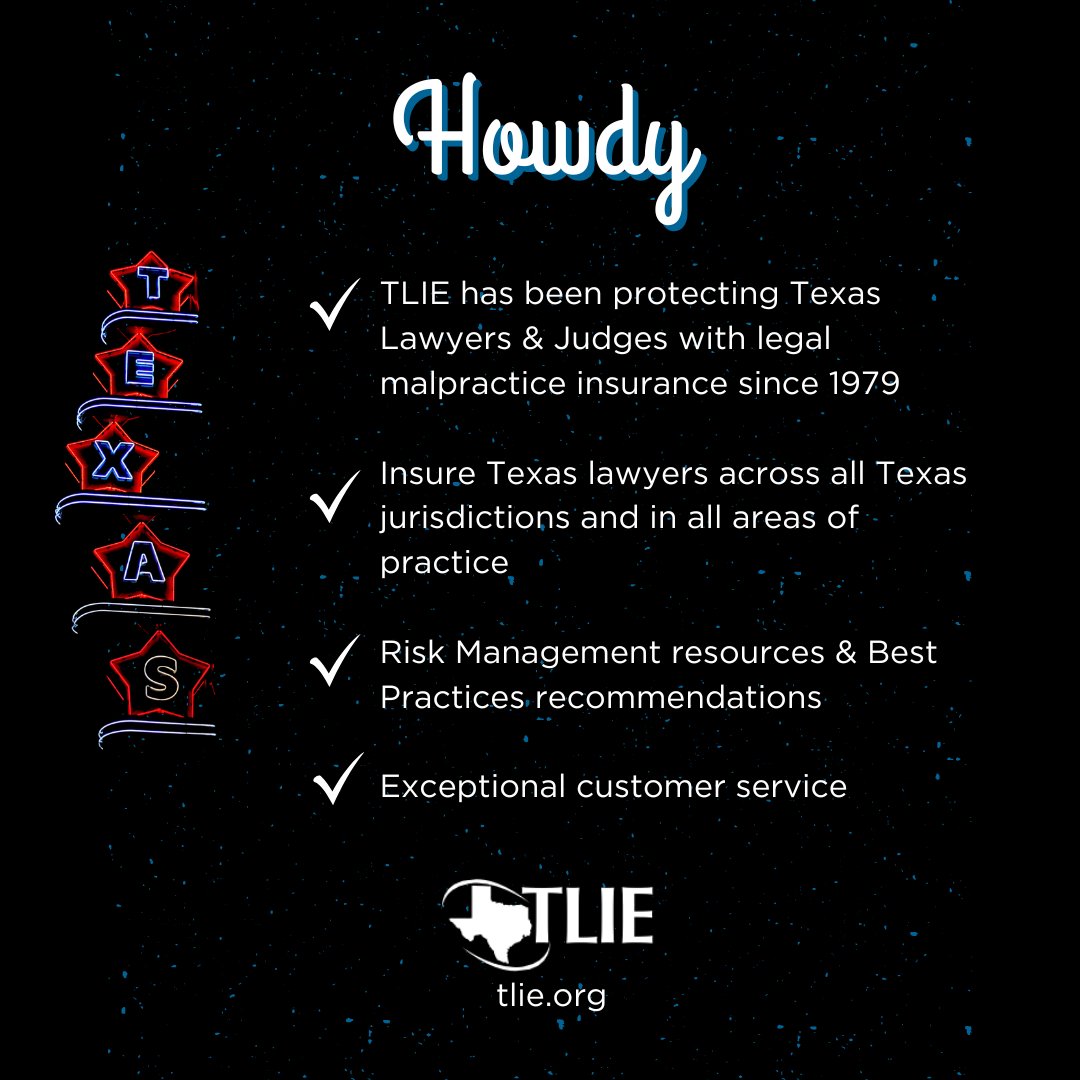 AustinBarAssociation (@theaustinbar) on Twitter photo Why choose <a href="/TLIE_/">Texas Lawyers' Insurance Exchange</a> as your legal malpractice insurance provider?
TLIE has been protecting Texas lawyers and judges since 1979. We insure Texas lawyers across all Texas jurisdictions, in all areas of practice.
tlie.org/become-a-tlie-… Why choose <a href="/TLIE_/">Texas Lawyers' Insurance Exchange</a> as your legal malpractice insurance provider?
TLIE has been protecting Texas lawyers and judges since 1979. We insure Texas lawyers across all Texas jurisdictions, in all areas of practice.
tlie.org/become-a-tlie-…