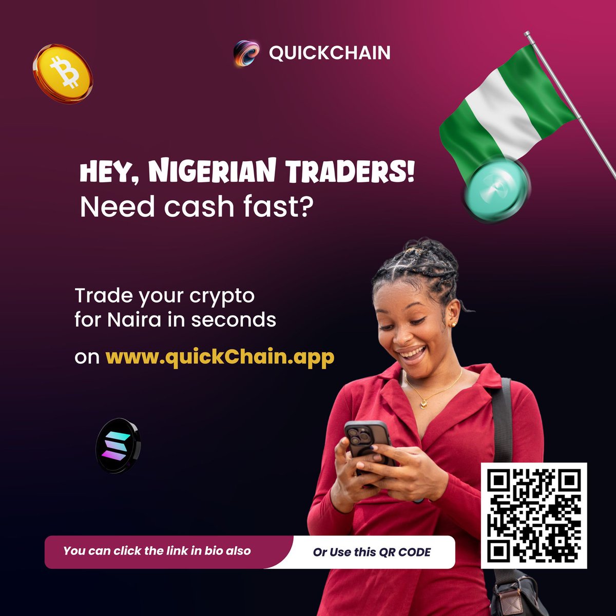 You want to trade your crypto to Naira and straight into your bank account?  Let me introduce you to Quickchain, the best place to trade your digital  assets with ease. Get started