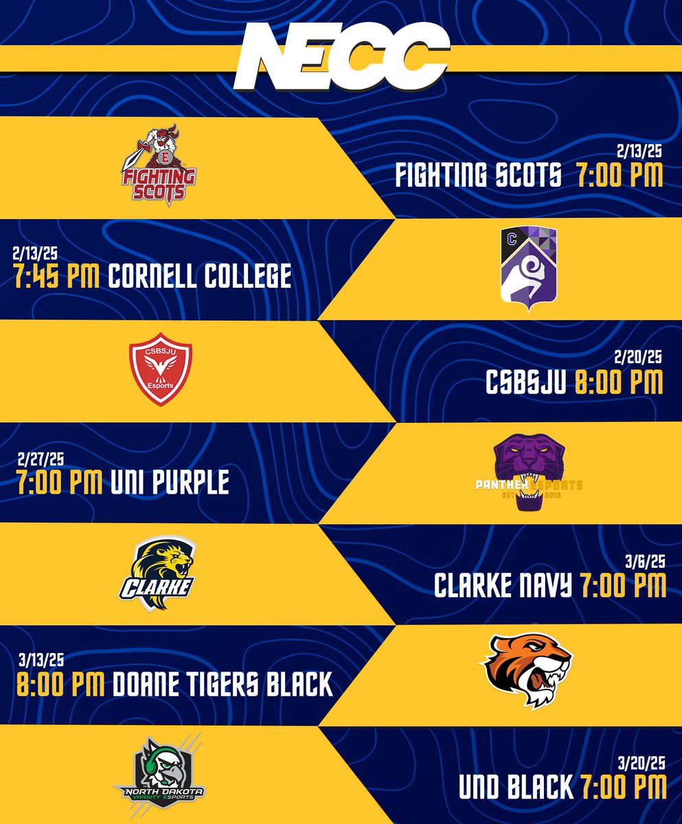 Briar Cliff Esports (@cliff_esports) on Twitter photo Here is what Rocket Leagues conference is looking like for Spring!!
Division VI Central B
<a href="/ScotsEsports/">Edinboro Esports</a>
<a href="/CornellEsports/">Cornell College Esports</a>
<a href="/CSBSJU/">CSB+SJU</a>
<a href="/UNIPanthEsports/">Panther Esports</a>
<a href="/Clarke_Esports/">Clarke Pride Esports</a>
<a href="/DoaneEsports/">DoaneEsports</a>
<a href="/UofNDesports/">University of North Dakota Esports</a>
#Battleon Here is what Rocket Leagues conference is looking like for Spring!!
Division VI Central B
<a href="/ScotsEsports/">Edinboro Esports</a>
<a href="/CornellEsports/">Cornell College Esports</a>
<a href="/CSBSJU/">CSB+SJU</a>
<a href="/UNIPanthEsports/">Panther Esports</a>
<a href="/Clarke_Esports/">Clarke Pride Esports</a>
<a href="/DoaneEsports/">DoaneEsports</a>
<a href="/UofNDesports/">University of North Dakota Esports</a>
#Battleon