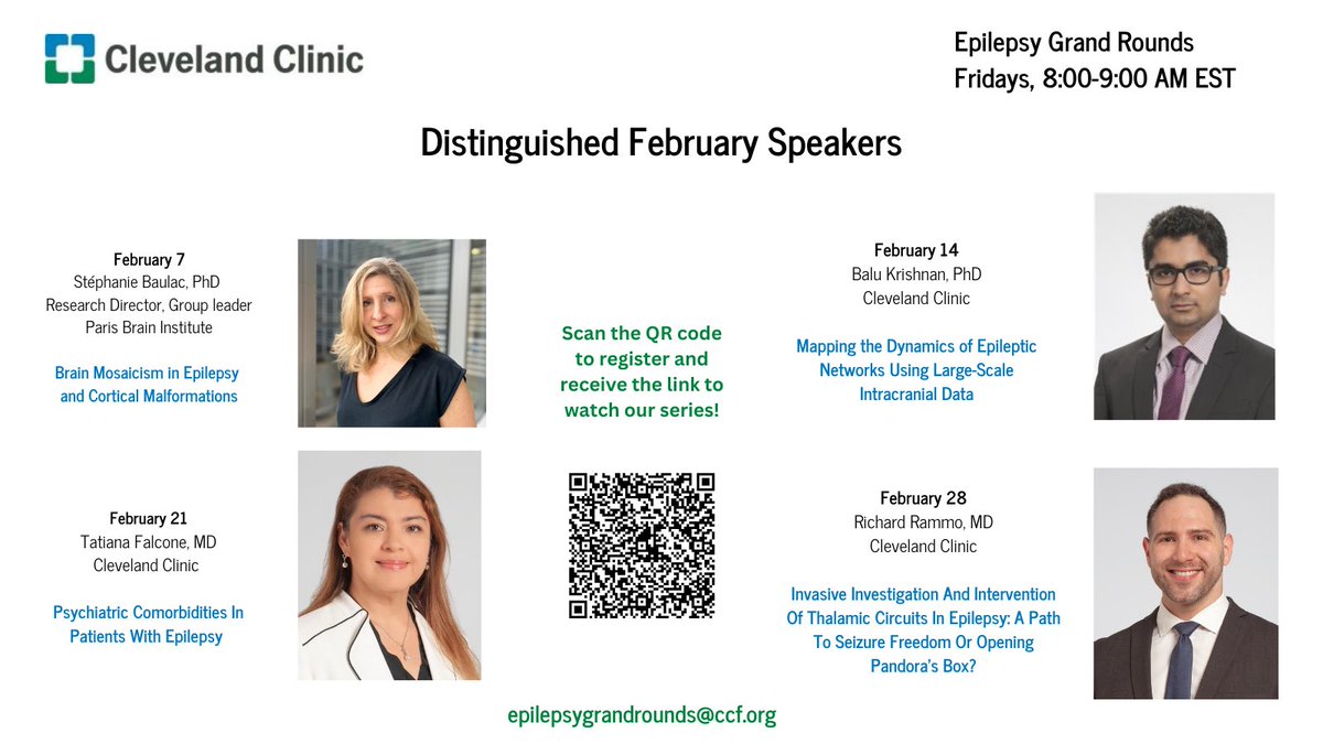 khouryjeanccf's tweet image. Mark your calendars! Here are the upcoming speakers and topics for the Cleveland clinic Epilepsy Grand Rounds for the month of February. Join us virtually by scanning QR code below. Feel free to repost and share with your colleagues. @balukrishnan @irenezhongwang @annyreyesNeuro