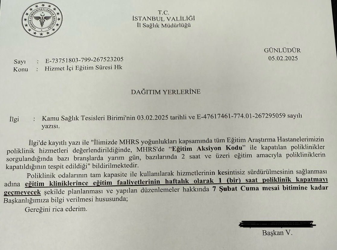 Dün İstanbul il sağlık müdürlüğü’nden  Eğitim ve Araştırma hastanelerine gelen resmi yazıda asistan eğitimi için ayrılan sürenin haftalık 1 saati geçmemesi istendi. 

Gerekçesi de “bazı branşlarda haftada yarım gün, bazılarında haftada  2 saat kadar eğitim süresi açıldığı için