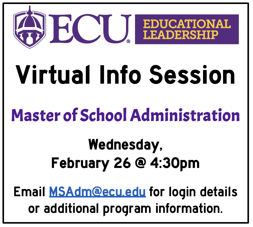 ECU Ed Leadership (@ecuedleadership) on Twitter photo Interested in the MSA program at ECU? Join us for a virtual info session on Feb. 26 at 4:30pm for more details on program and application process. Email MSAdm@ecu.edu for login details. Interested in the MSA program at ECU? Join us for a virtual info session on Feb. 26 at 4:30pm for more details on program and application process. Email MSAdm@ecu.edu for login details.