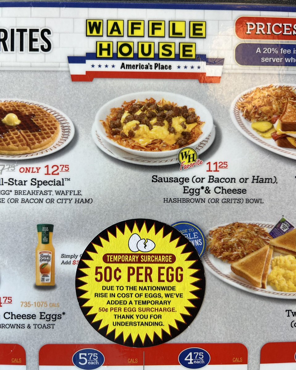 Ouch! My family and I just had lunch at our local Waffle House, and we were hit with a surcharge of 50 cents per egg “due to the nationwide rise in cost of eggs.” Customers are pissed. 

I thought Trump promised to REDUCE the cost of eggs on day one of his second term?? 😠