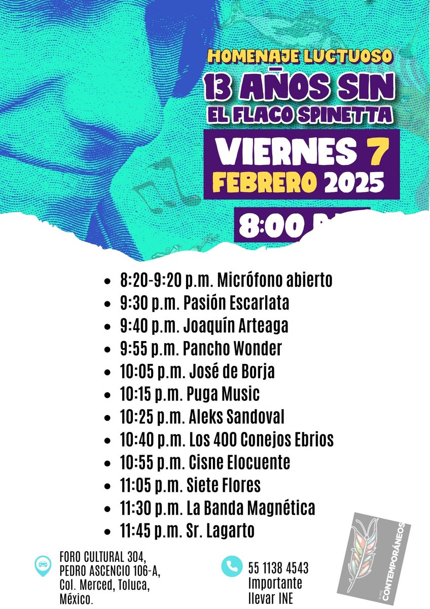 Ya listo el programa...
Ja, mi querida Cris  Bowie se rifo con el enlace a Cisne Elocuente ✨🎧🎶 jaaa, ya casi el #FlacoSpinetta vive,vive... 🌷🦢🖤🖤🖤 #BreveBus 
<a href="/Foro304/">Foro Cultural 304</a>