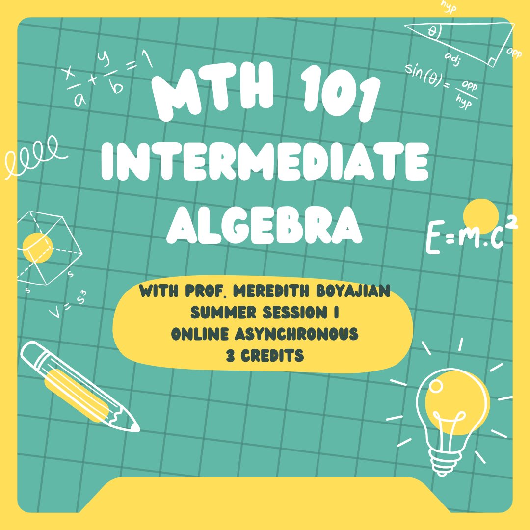URISummer's tweet image. Ready to conquer Algebra this summer? 🌞📐 Join us this Summer for MTH 101 – the perfect way to boost your skills and get ahead before fall semester! #Math101 #Algebra #SummerClasses #URI #GetAhead #STEMSuccess