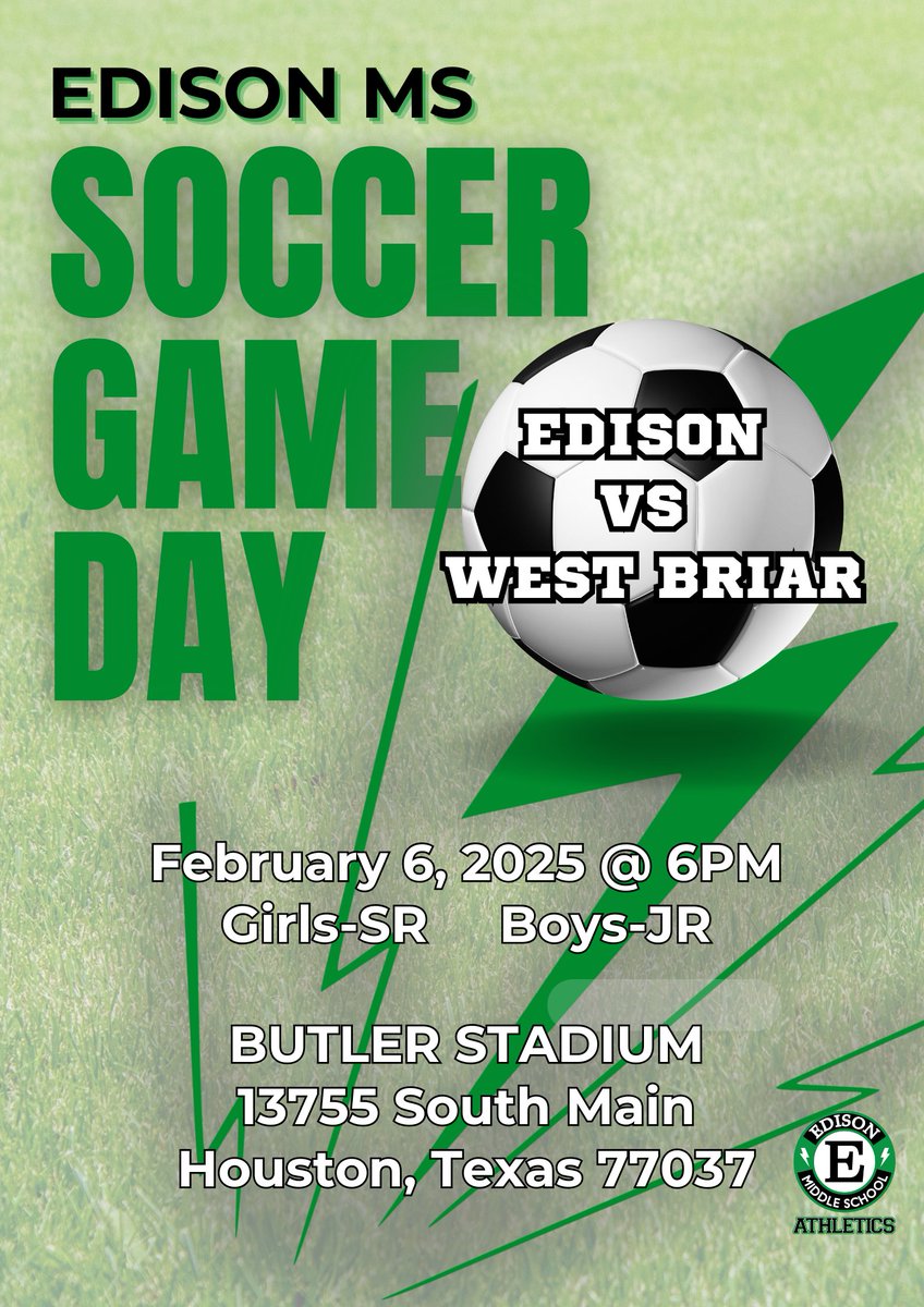 Edison MS Ranger Athletics (@edisonms_sports) on Twitter photo It's Game Day! Edison Ranger Soccer takes on West Briar today at 6pm at Butler Stadium. Check out GoFan for $5 tickets. LET'S GO RANGERS!
<a href="/edison_school/">Edison Middle School</a> <a href="/MsWebb1/">Coach Webb</a> <a href="/MsDMartinez17/">Diveanne Martinez</a> <a href="/MrGuzmanHISD/">Johnatan Guzman</a> <a href="/donawhi/">Donna Dickson-White</a> <a href="/maiyamoore26/">Mrs. Moore</a> It's Game Day! Edison Ranger Soccer takes on West Briar today at 6pm at Butler Stadium. Check out GoFan for $5 tickets. LET'S GO RANGERS!
<a href="/edison_school/">Edison Middle School</a> <a href="/MsWebb1/">Coach Webb</a> <a href="/MsDMartinez17/">Diveanne Martinez</a> <a href="/MrGuzmanHISD/">Johnatan Guzman</a> <a href="/donawhi/">Donna Dickson-White</a> <a href="/maiyamoore26/">Mrs. Moore</a>
