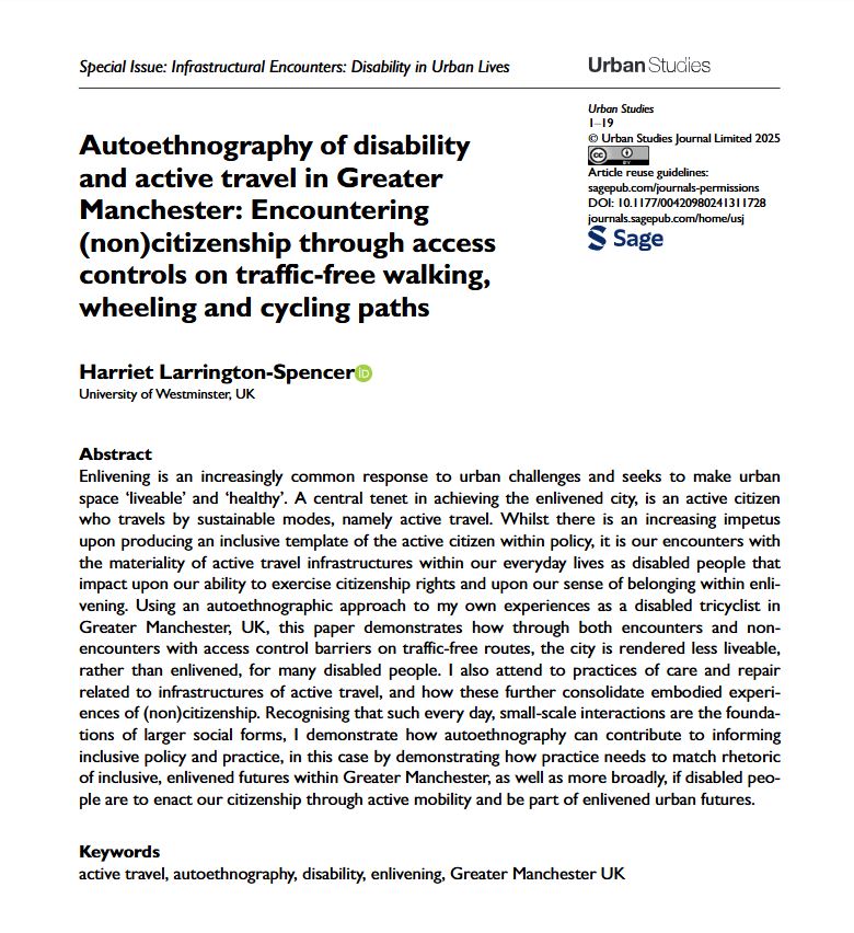 Urban Studies Journal (@usj_online) on Twitter photo New #OA special issue paper by <a href="/tricyclemayor/">Dr Harrie Larrington-Spencer</a> demonstrates how through both encounters and nonencounters with #AccessControl barriers on traffic-free routes, the city is rendered less liveable, rather than #enlivened, for many #disabled people
ow.ly/9xXJ50USoxz New #OA special issue paper by <a href="/tricyclemayor/">Dr Harrie Larrington-Spencer</a> demonstrates how through both encounters and nonencounters with #AccessControl barriers on traffic-free routes, the city is rendered less liveable, rather than #enlivened, for many #disabled people
ow.ly/9xXJ50USoxz