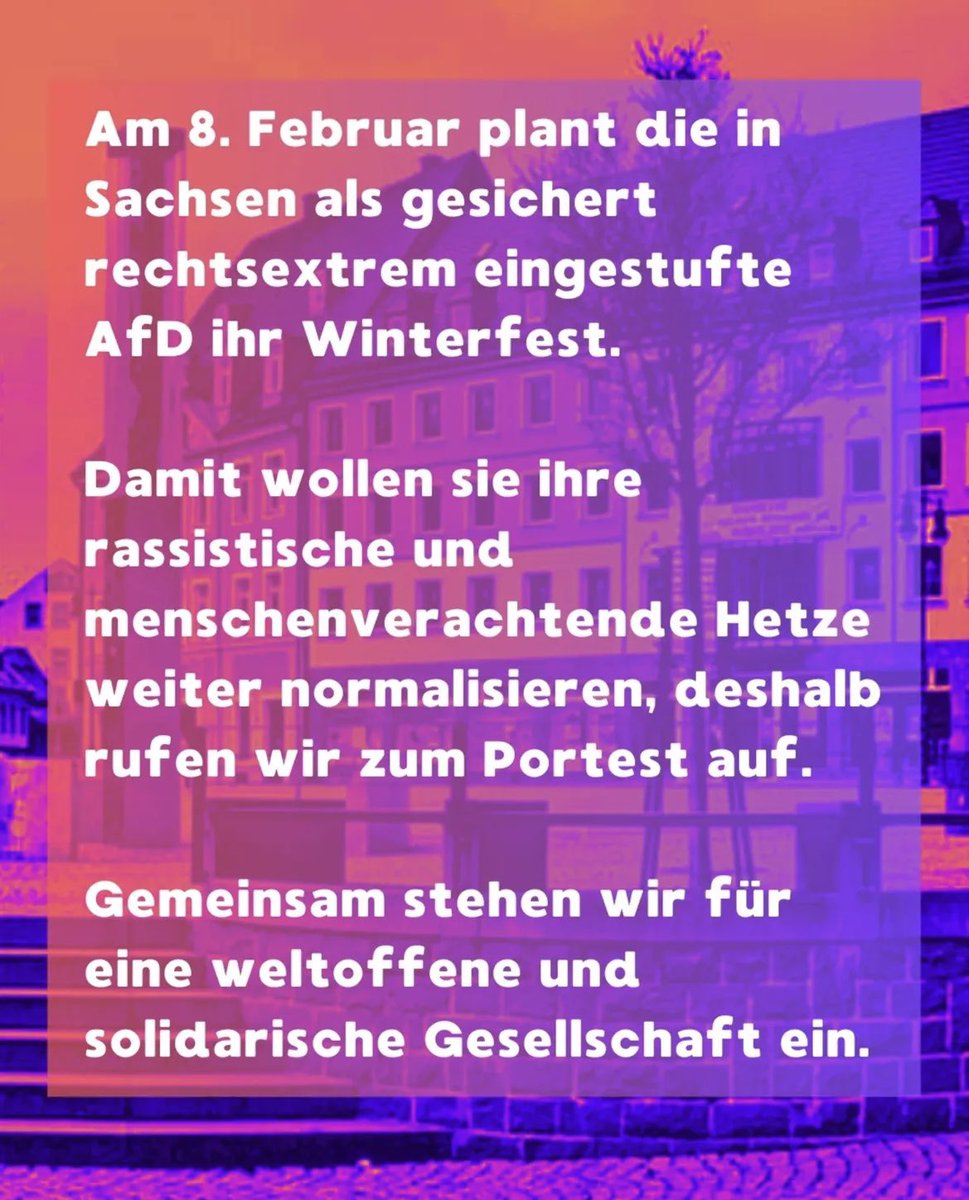 Auch in #Mittweida, einer Stadt mit ca. 14.000 Einwohner*innen in #Sachsen, gehen wehrhafte Demokrat*innen auf die Straße! Diesen Samstag: für eine soziale Demokratie, gegen ein extrem rechtes „Winterfest“ der AfD. Kommt vorbei oder teilt den Aufruf!
