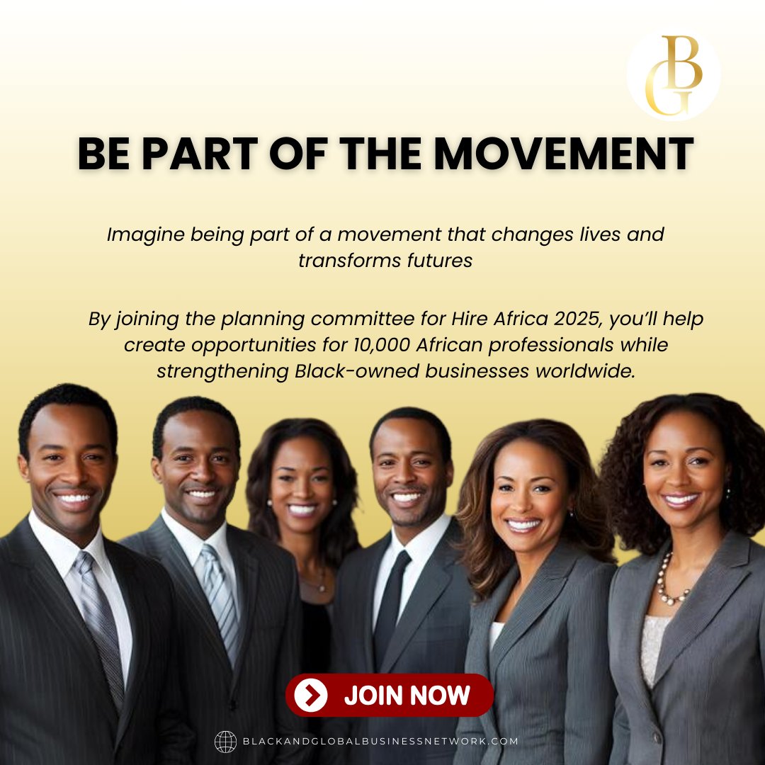 By joining the planning committee for Hire Africa 2025, you’ll help create opportunities for 10,000 African professionals while strengthening Black-owned businesses worldwide.

👉Comment "AFRICA" and we will message you for more information. 

#HireAfrica #AfripreneurialJourney