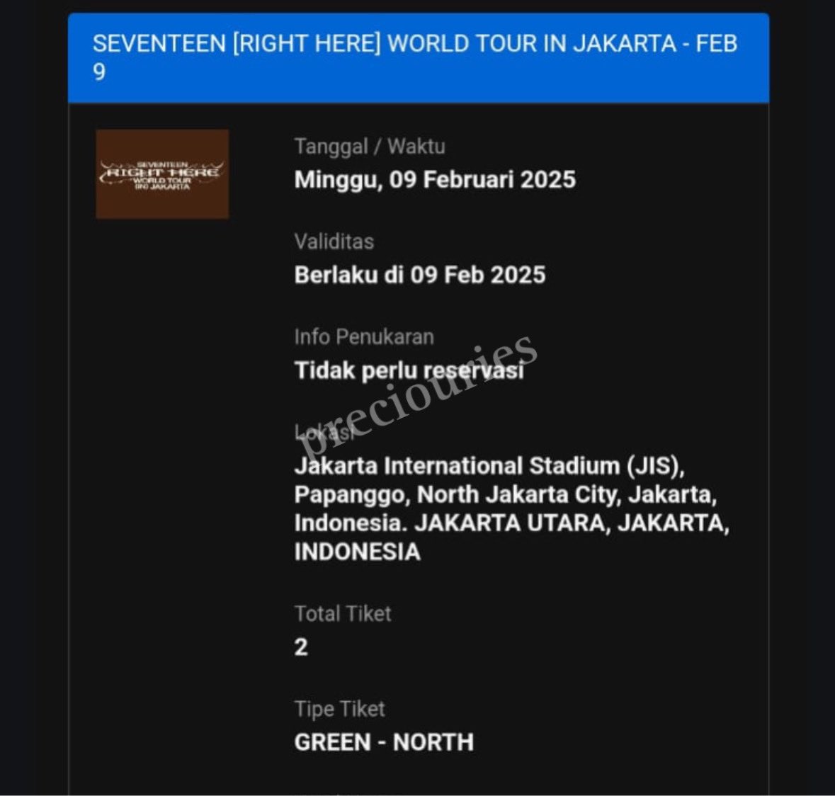 preciouries's tweet photo. WTS / want to sell

2 TICKET SEVENTEEN RIGHT HERE IN JKT

💰green north day 2 : 1.2jt/tix (negotiable)
📍dijual dalam bentuk e-ticket (include surat kuasa untuk penukaran)
📍door 316 row 60 sn 07-08

for serious buyer only, dm for more info!

#WTS #SEVENTEEN_RIGHT_HERE_IN_JAKARTA https://t.co/1ZTHkjNIGt