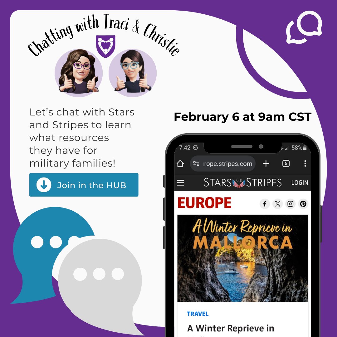 Join Traci &amp; Christie today at 9 AM CST as they chat with Stars and Stripes to learn what resources they have for military families!

See you there!: ow.ly/XUhy50UK2Ft

#MSANHUB #MilitarySpouse