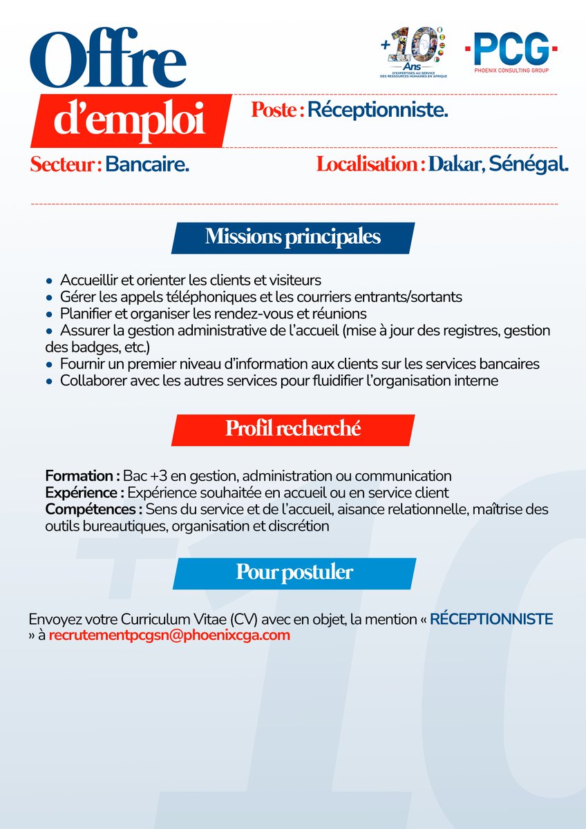 ci_phoenix's tweet photo. Nous recrutons une Réceptionniste.
Localisation : Dakar, Sénégal
Pour postuler : Envoyez votre Curriculum Vitae (CV) avec en objet la mention « RECEPTIONNISTE » à recrutementpcgsn@phoenixcga.com
#offredemploi #recrutement #receptionniste #cabinetrh #pcgafrica_ci #pcgafrica_bj https://t.co/JY3sIHErWs