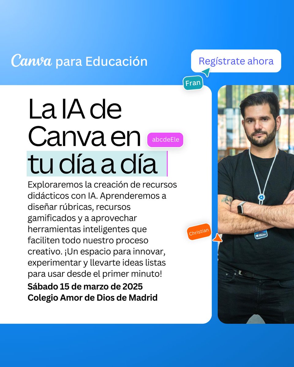 abcdeEle's tweet image. ¡Vuelvo a los talleres presenciales en el #CanvaTeachersDay! 🎉 Exploraremos cómo la IA puede ayudarte a crear materiales didácticos. 🚀✨

📍 Nos vemos el 15 de marzo  🎟️ Info aquí 👉 public.canva.site/canvateachersd… #CanvaParaEducacion #IAparaEducadores
