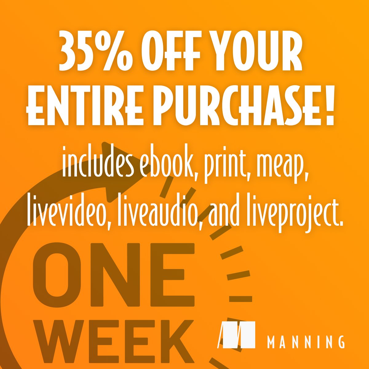 ManningBooks's tweet image. 🌟 Save 35% sitewide! 🌟

THIS WEEK - Take advantage of our special sale and save 35% on your order. No coupon required. Discount applied in cart. The offer expires at midnight PT on February 13th @ mng.bz/Pd9P

#ManningBooks #LearnwithManning