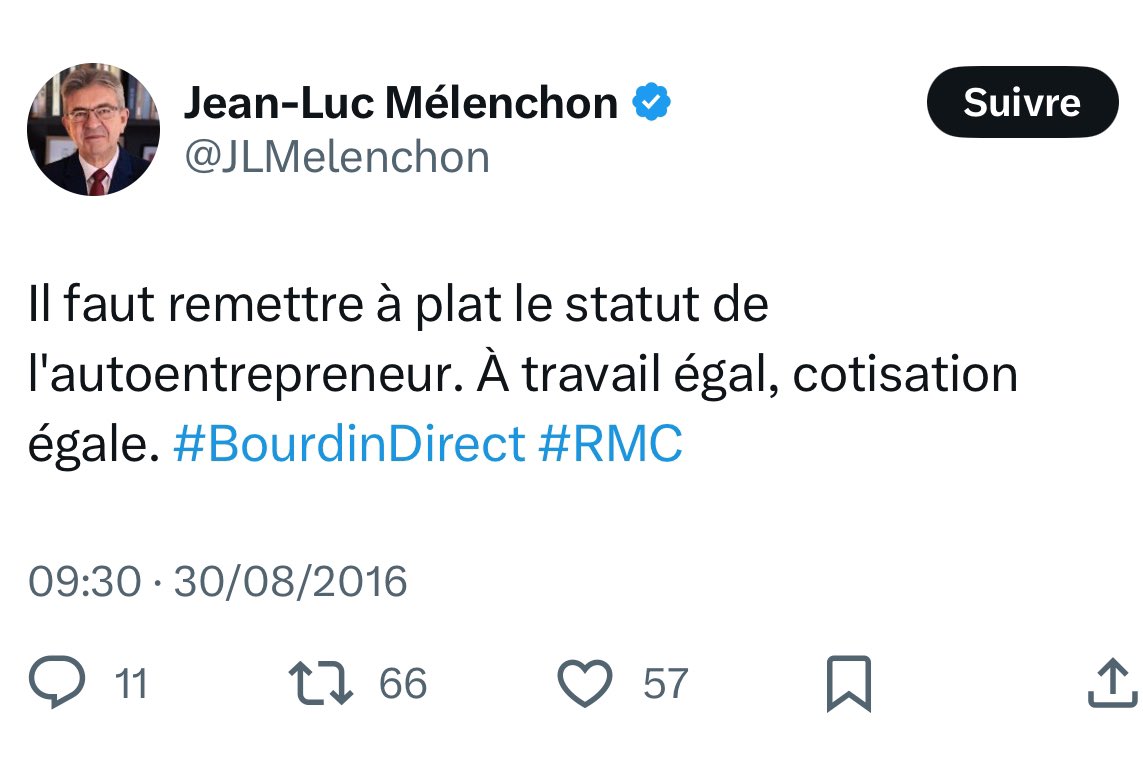 2016 : Jean-Luc Mélenchon veut remettre à plat le statut d’auto-entrepreneur. 

2017 : Jean-Luc Mélenchon veut supprimer le statut d’auto-entrepreneur. 

2017 : Jean-Luc Mélenchon embauche des auto-entrepreneurs dans son équipe de campagne.

2025 : 🤡🤡🤡