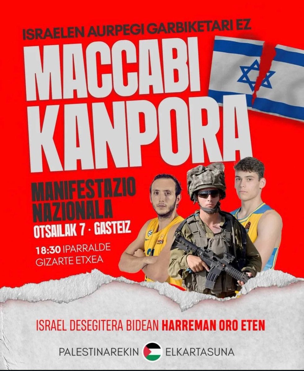 HNT-tik <a href="/Palestinarekin/">Palestinarekin Elkartasuna</a> deitutako manifestaziora joatera deia luzatzen dugu. Bihar barikua Otsailak 7 Gasteizen. 18:30tan Iparralde gizarte etxean. Maccabiren aurkako partida bertan behera uztearen alde! Gora palestinar erresistentzia!