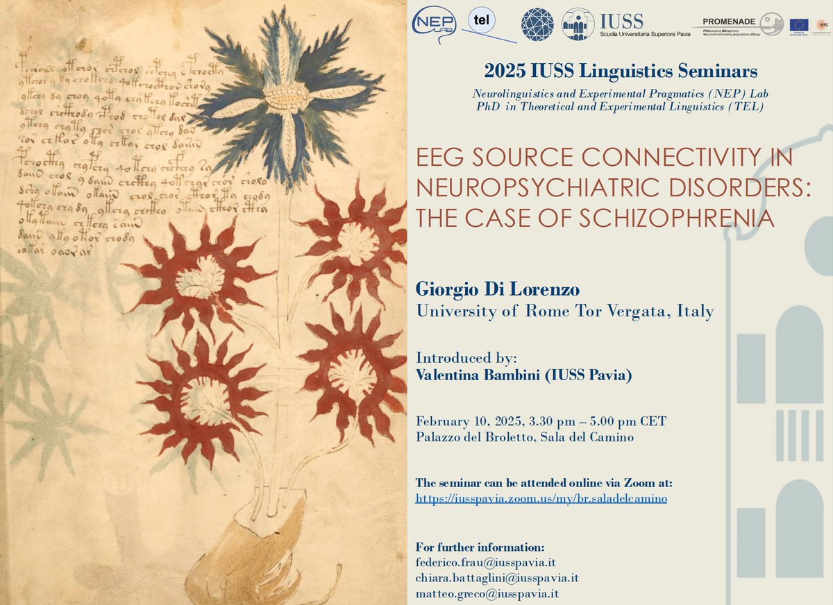 Federico Frau (@federico_frau) on Twitter photo Don't miss the first #IUSSLinguisticsSeminar of the 2025 series: EEG source connectivity in neuropsychiatric disorders: the case of schizophrenia, w/ Prof. Giorgio Di Lorenzo (<a href="/unitorvergata/">Università di Roma Tor Vergata</a>)
🗓️February 10, 3.30-5.00 pm CET
📍<a href="/IussPavia/">IUSS PAVIA</a>
Zoom link: tinyurl.com/3ncx7b7f
#NEPLab Don't miss the first #IUSSLinguisticsSeminar of the 2025 series: EEG source connectivity in neuropsychiatric disorders: the case of schizophrenia, w/ Prof. Giorgio Di Lorenzo (<a href="/unitorvergata/">Università di Roma Tor Vergata</a>)
🗓️February 10, 3.30-5.00 pm CET
📍<a href="/IussPavia/">IUSS PAVIA</a>
Zoom link: tinyurl.com/3ncx7b7f
#NEPLab