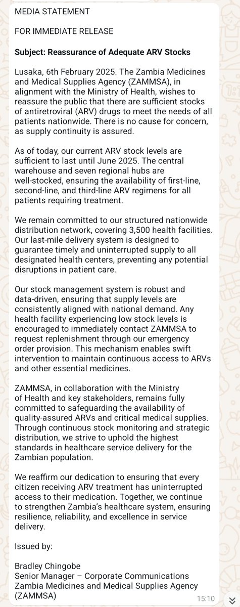 Christo73940727's tweet photo. The Zambia Medicines and Medical Supplies Agency allays fears about availability of stocks of antiretroviral (ARV) drugs in the country.ZAMMSA stresses, "there is no cause for concern, as supply continuity is assured." https://t.co/zHKvWrefC3