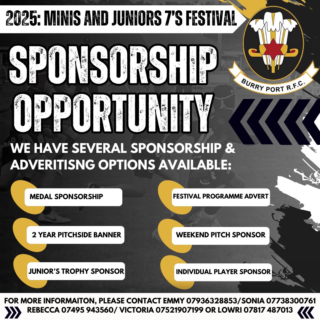 Sponsorship Opportunities! 🏉

Our Mini &amp; Juniors Rugby Festival is the perfect chance to promote your business while supporting grassroots rugby. Various packages are available—get in touch today to support youth rugby and showcase your brand!