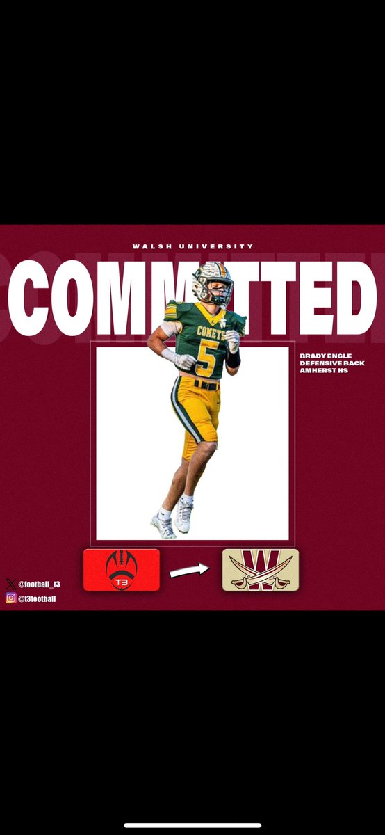 T3 Football (@football_t3) on Twitter photo Congrats to T3 Football 🏈 Athlete| Brady Engle | 2025 | <a href="/BradyEngle_5/">Brady Engle</a> | DB | from Amherst High School | on his commitment to Walsh University | <a href="/WalshFBRecruit/">Walsh Football Recruiting</a> | #T3Football Congrats to T3 Football 🏈 Athlete| Brady Engle | 2025 | <a href="/BradyEngle_5/">Brady Engle</a> | DB | from Amherst High School | on his commitment to Walsh University | <a href="/WalshFBRecruit/">Walsh Football Recruiting</a> | #T3Football