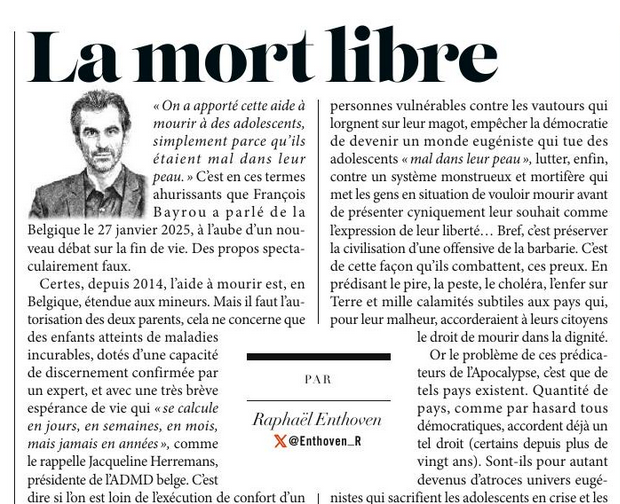 Mourir dans la Dignité (@admdfrance) on Twitter photo Cette semaine, <a href="/Enthoven_R/">Raphaël Enthoven 🎗️</a> revient sur les paroles honteuses de <a href="/bayrou/">François Bayrou</a> concernant la pratique de l'#euthanasie en Belgique. #FindeVie
Article en lire en intégralité dans <a href="/franctireurmag/">Franc-Tireur</a> :
📰 franc-tireur.fr/la-mort-libre-…
#Journal #Politique Cette semaine, <a href="/Enthoven_R/">Raphaël Enthoven 🎗️</a> revient sur les paroles honteuses de <a href="/bayrou/">François Bayrou</a> concernant la pratique de l'#euthanasie en Belgique. #FindeVie
Article en lire en intégralité dans <a href="/franctireurmag/">Franc-Tireur</a> :
📰 franc-tireur.fr/la-mort-libre-…
#Journal #Politique