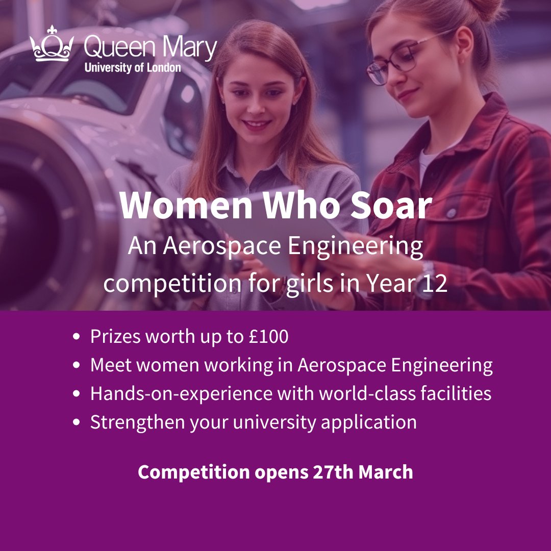 QMUL School of Engineering and Materials Science (@qmulsems) on Twitter photo More opportunities for girls in Year 12!
Take a look at Women Who Soar, opening in March:
sems.qmul.ac.uk/aerocompetitioā¦
#aerospace #womeninstem #internationaldayofwomenandgirlsinscience #engineeringstudent <a href="/QMULSciEng/">QMUL Sci & Eng News</a> <a href="/QMUL/">Queen Mary University of London</a> More opportunities for girls in Year 12!
Take a look at Women Who Soar, opening in March:
sems.qmul.ac.uk/aerocompetitioā¦
#aerospace #womeninstem #internationaldayofwomenandgirlsinscience #engineeringstudent <a href="/QMULSciEng/">QMUL Sci & Eng News</a> <a href="/QMUL/">Queen Mary University of London</a>