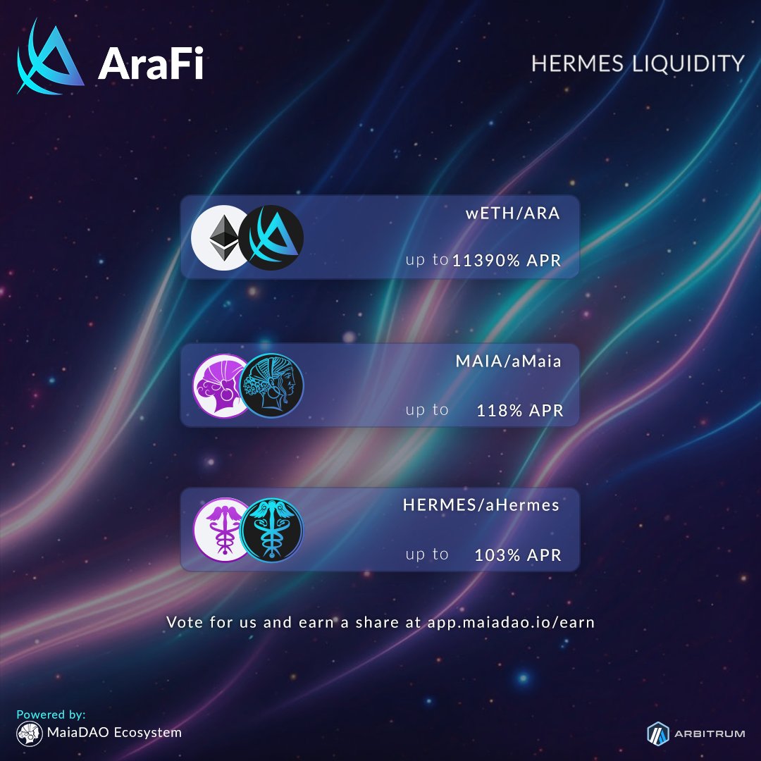 As we roll into the new epoch, take a look at our fresh APRs!

If you want access to these APRs make a uniV3 pool here app.maiadao.io/pool with one of our pairs to earn $Hermes rewards

You can then turn your $Hermes into $bHermes and earn $ARA bribes on our pools as a voter!