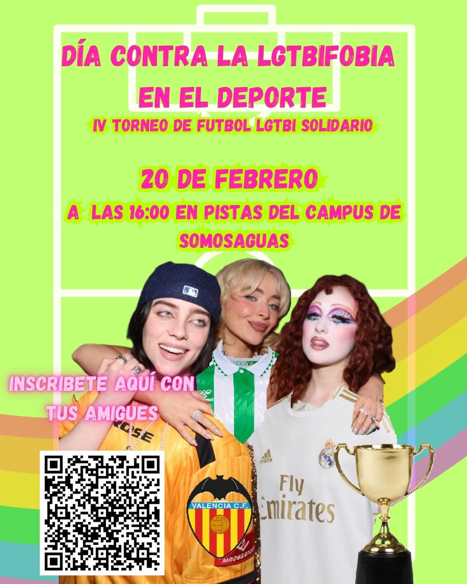 🏳️‍🌈⚽ ¡Vuelve el Torneo de Fútbol contra la LGTBIfobia de <a href="/rqtr/">rqtr</a>.lgtbi!

📅 Martes 20 de febrero - 16:30
📍 Canchas del Campus de Somosaguas

✨ Equipos mixtos, femeninos o de géneros disidentes (máx. 4 cishet en el campo).
💲 Inscripción: 2€ → Donado a @fundacioneddy 🏠💜