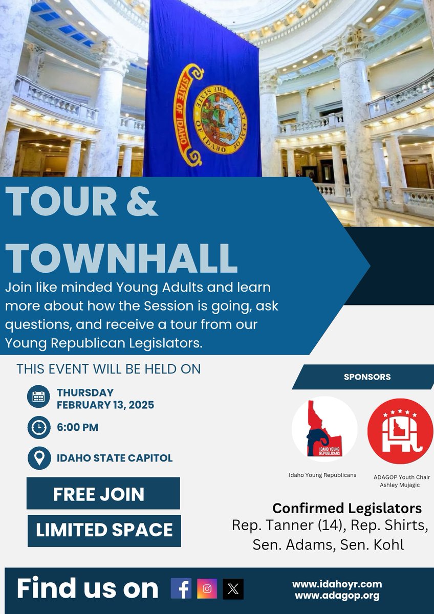 We are now 1 week till our Townhall and Capitol Tour being held on February 13th at 6pm. Please make sure that you RSVP so we can have an accurate headcount tinyurl.com/2etkuras.
<a href="/AdaGOPYouth/">Ashley Mujagic</a>
#idpol #idleg #idyr #yrslead #yrselect #youngrepublicans  #younggop