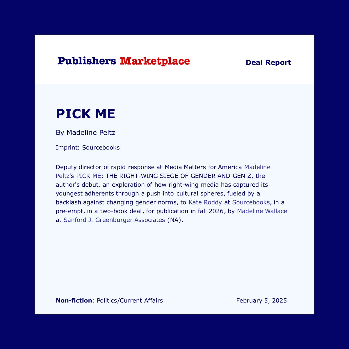 Madeline Peltz (@peltzmadeline) on Twitter photo Some personal news: I'm writing a book about the future of right-wing media
Thank you to <a href="/Sourcebooks/">Sourcebooks</a> for placing your faith in this project and to my inimitable agent <a href="/life_by_maddie/">Madeline (Maddie)</a>, the truest believer
PICK ME coming fall 2026 Some personal news: I'm writing a book about the future of right-wing media
Thank you to <a href="/Sourcebooks/">Sourcebooks</a> for placing your faith in this project and to my inimitable agent <a href="/life_by_maddie/">Madeline (Maddie)</a>, the truest believer
PICK ME coming fall 2026