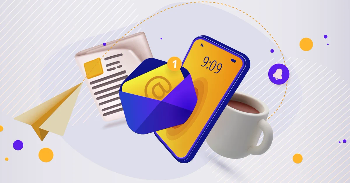 A cellphone with an email notification, a newspaper and a cup of coffee.