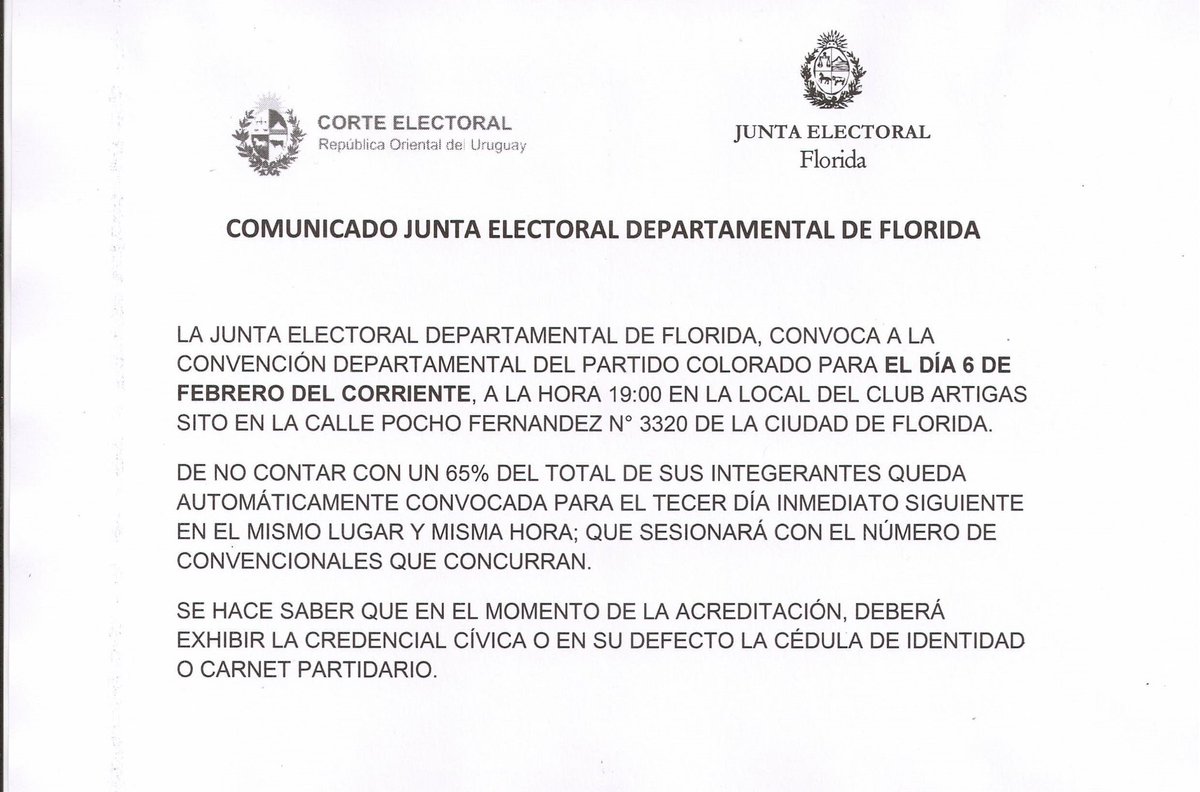 Hoy es el día ! 
El <a href="/PartidoColorado/">Partido Colorado</a> en Florida define sus candidatos a la Intendencia. 

Club Artigas 
Hora 19
 Lleva tu bandera Colorada.