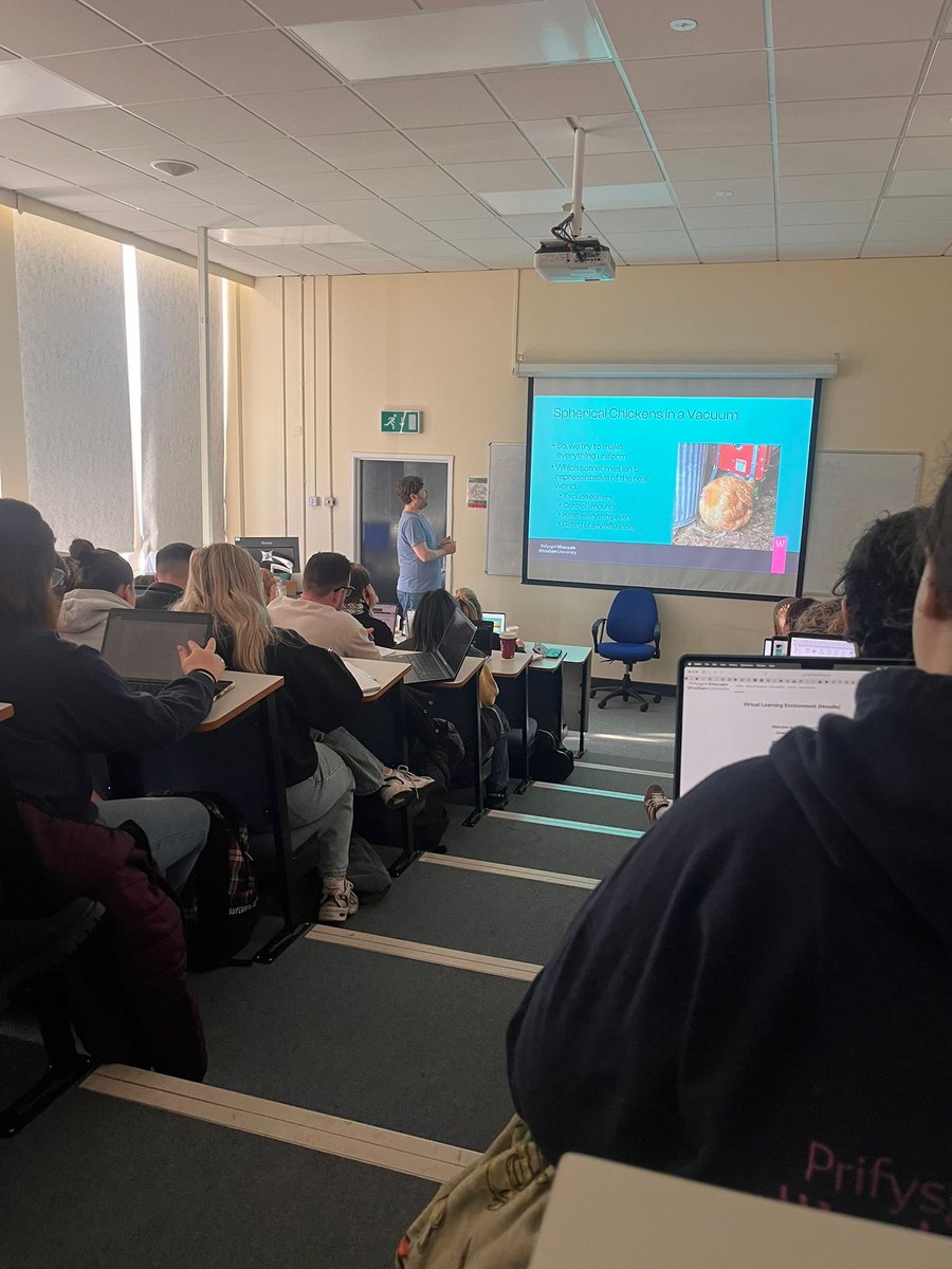 Tom has spent the morning teaching research to year 2 Allied Health Professional students- what happens when you control for too many variables? You end up with metaphorical spherical chickens in a vacuum of course! 📊🐓 <a href="/WUResearch_/">Wrexham University Research</a> <a href="/WrexhamUni/">Wrexham University</a> <a href="/TStarrMarshall/">Tom Starr-Marshall</a>