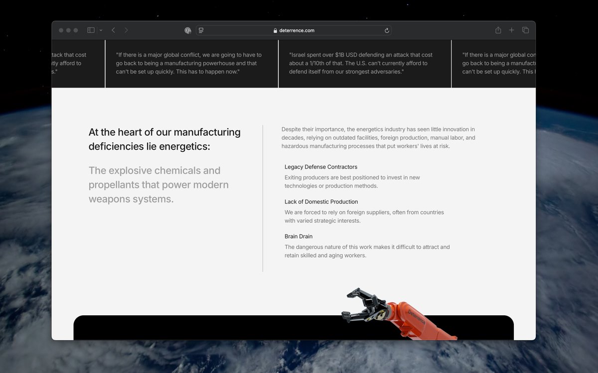 Andrew Ettinger ๐บ๐ธ (@ettinger) on Twitter photo ๐บ๐ธ <a href="/wordsssdotcom/">use your words</a> for Deterrence
"Building faster and safer energetics production to strengthen the U.S. defense industrial base and prevent global conflict."
deliverables: positioning, verbal ID, descriptions, taglines, web copy ๐บ๐ธ <a href="/wordsssdotcom/">use your words</a> for Deterrence
"Building faster and safer energetics production to strengthen the U.S. defense industrial base and prevent global conflict."
deliverables: positioning, verbal ID, descriptions, taglines, web copy