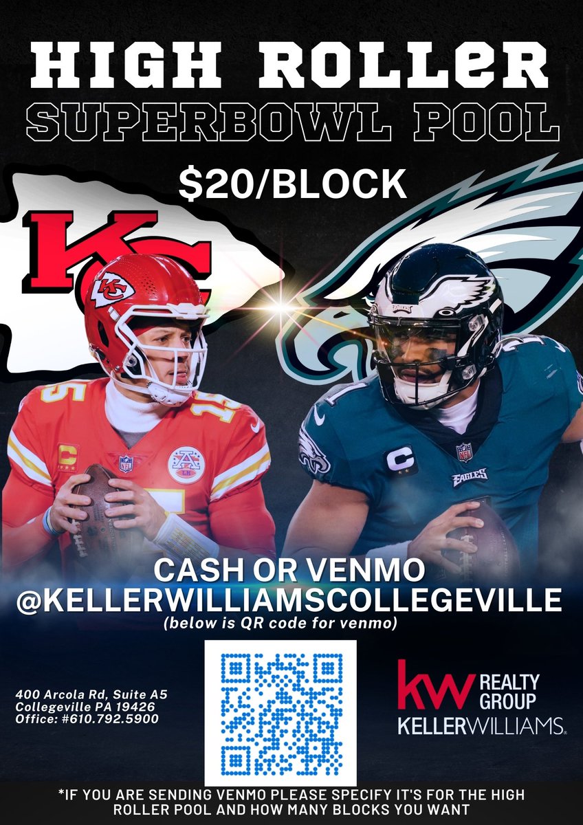 teresekw's tweet image. Join our High Roller Super Bowl Pool! 🏈 
$10/20/block. #SuperBowl #FootballPool #KellerWilliams