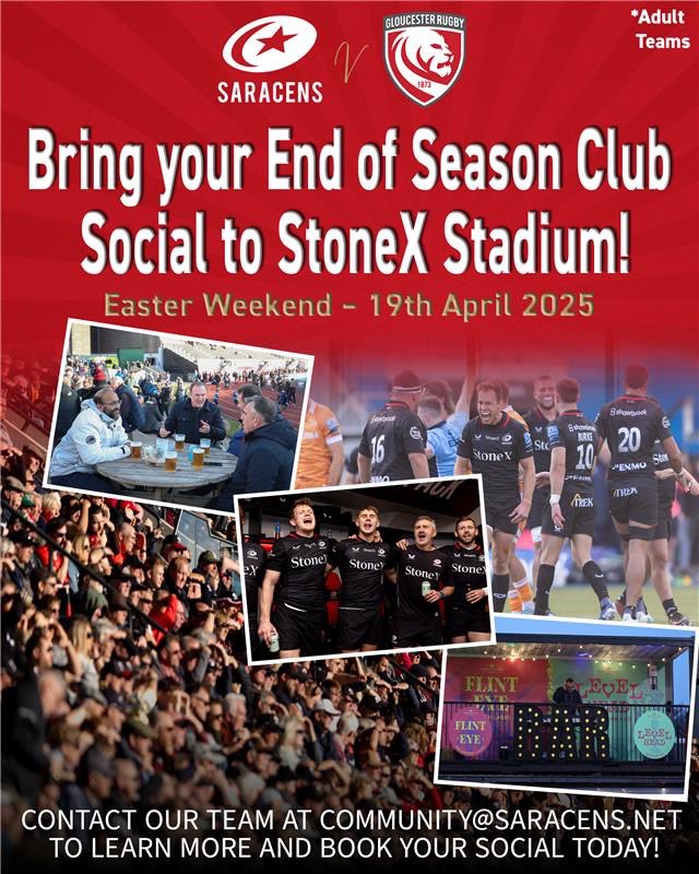 SarriesRugbyDev's tweet photo. 🏉🍻 Calling all adult rugby teams! Wrap up your season in style at StoneX Stadium on April 19th as Saracens take on Gloucester!

Bring your club for an unforgettable End of Season Social https://t.co/jptE0uFC39