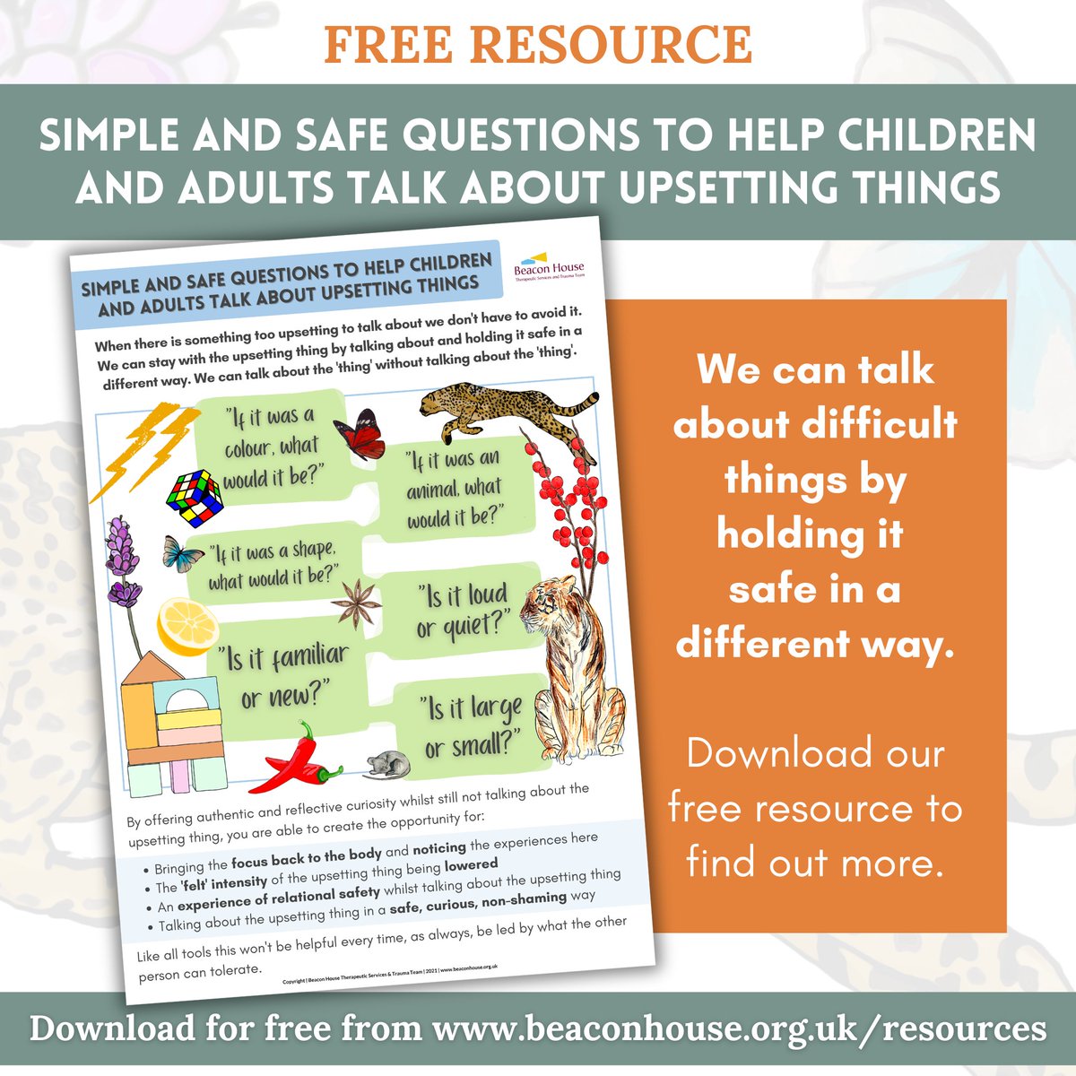 Today is #TimeToTalk  Day. So we are sharing this free resource with simple and safe questions to help children and adults talk about upsetting things.

beaconhouse.org.uk/wp-content/upl…